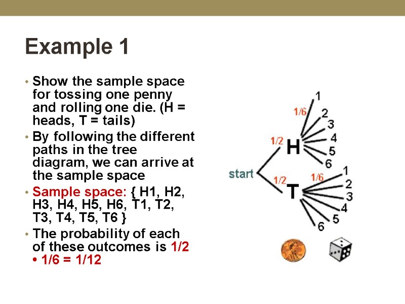 Example 1 Show the sample space for tossing one penny and rolling one die.